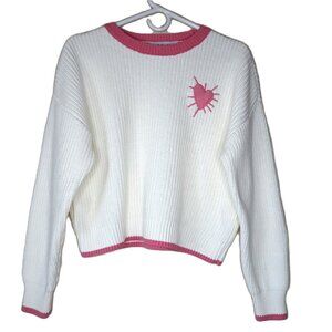 Kerri Rosenthal Off White & Pink Heart Crew Neck Sweater Coquette Preppy Scandi